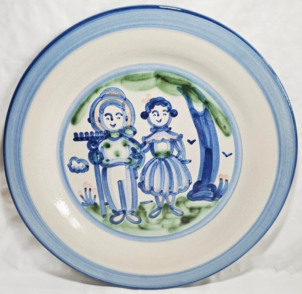 Vintage MA Hadley Pottery Farmer & Wife Serving Platter Plate 12.5" Folk Art